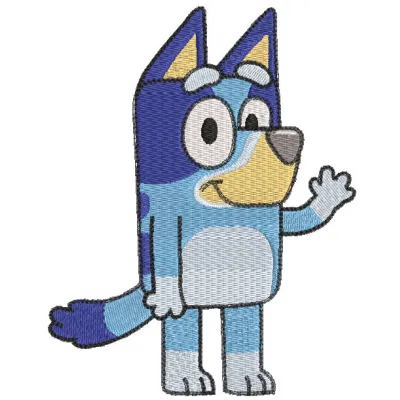 Embroidery design of Bluey waving with a paw raised, showcasing vibrant colors and playful character details.