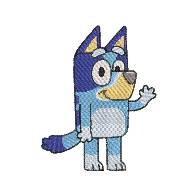Embroidery design of Bluey waving with a paw raised, showcasing vibrant colors and playful character details.