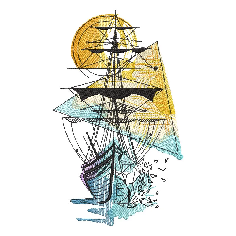 Glass sailboat embroidery design featuring intricate stitching and nautical elements on a textured fabric background.