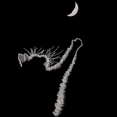 Embroidery design featuring a cat reaching for a crescent moon in a whimsical, artistic style.