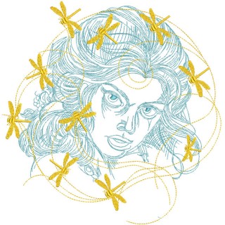Girl with golden dragonflies in hair embroidery design - Embroidery Design