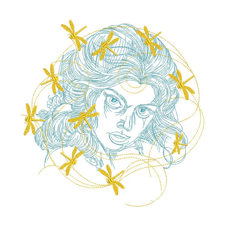Girl with golden dragonflies in hair embroidery design - Embroidery Design