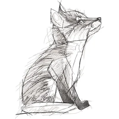 Greyscale sketch of a fox, intricately embroidered design showcasing detailed fur and expressive features.