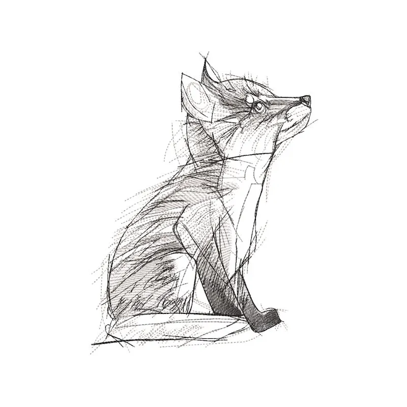 Greyscale sketch of a fox, intricately embroidered design showcasing detailed fur and expressive features.