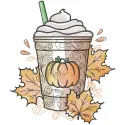Autumn pumpkin latte leaves embroidery design featuring warm colors and intricate leaf patterns on fabric.