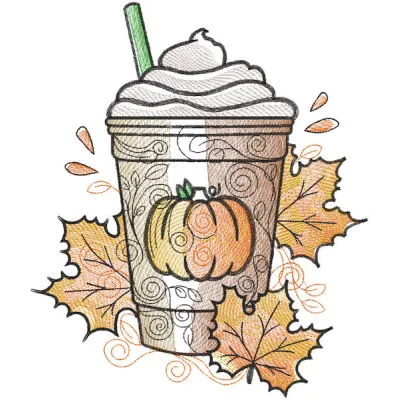 Autumn pumpkin latte leaves embroidery design featuring warm colors and intricate leaf patterns on fabric.