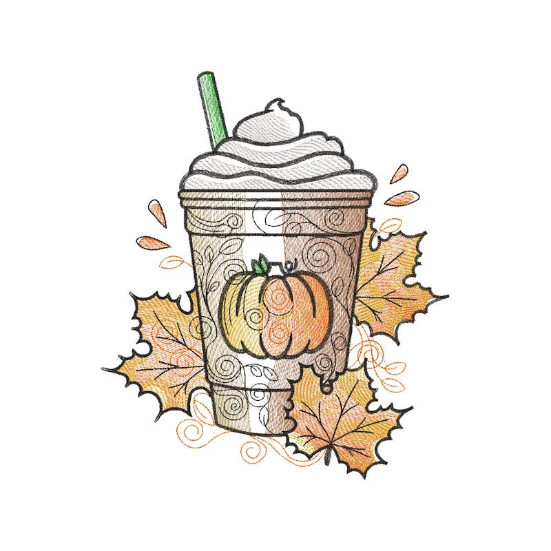 Autumn pumpkin latte leaves embroidery design featuring warm colors and intricate leaf patterns on fabric.