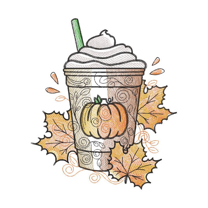 Autumn pumpkin latte leaves embroidery design - Embroidery Design