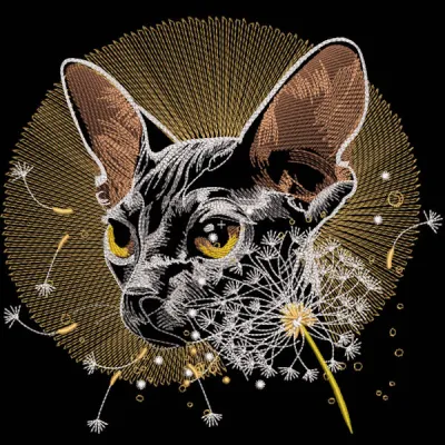 Detailed Sphinx and dandelion embroidery design featuring a playful cat motif on a textured fabric background.