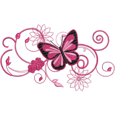 Butterfly swirl flower embroidery design featuring intricate butterfly motifs and floral patterns in vibrant colors.
