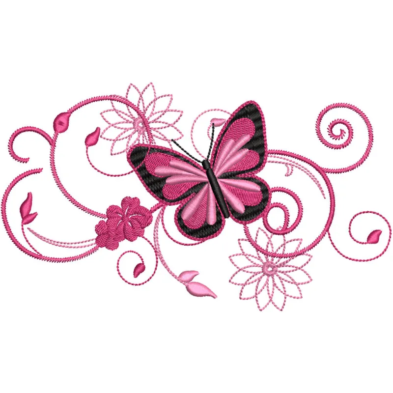 Butterfly swirl flower embroidery design featuring intricate butterfly motifs and floral patterns in vibrant colors.