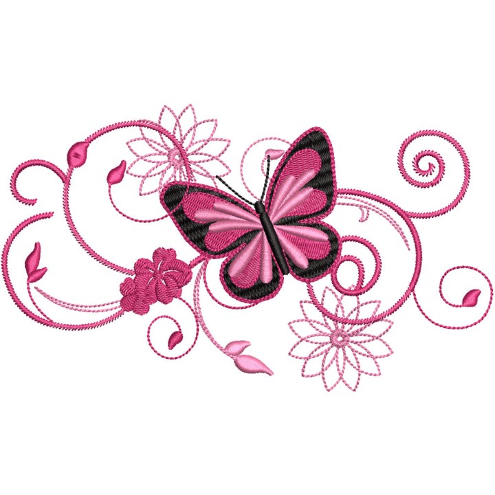 Butterfly swirl flower embroidery design - Embroidery Design