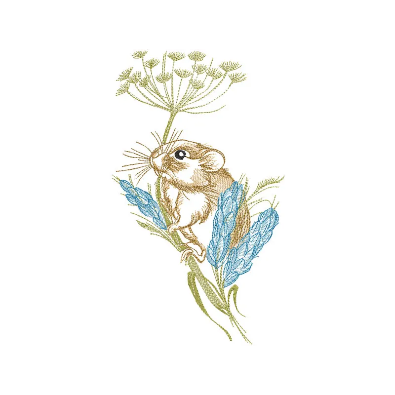 Embroidered design featuring a mouse in a vibrant summer meadow with flowers and greenery.