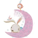 Bunny with bird and pink crescent embroidery design, showcasing a cute bunny surrounded by colorful embroidery details.