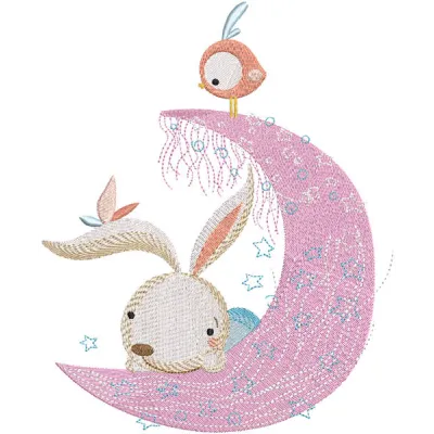 Bunny with bird and pink crescent embroidery design, showcasing a cute bunny surrounded by colorful embroidery details.