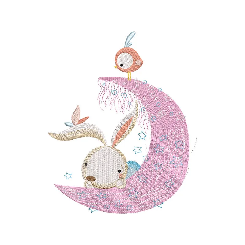 Bunny with bird and pink crescent embroidery design, showcasing a cute bunny surrounded by colorful embroidery details.