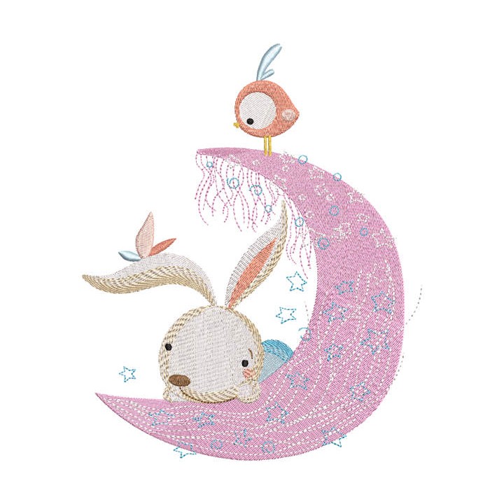 Bunny with bird and pink crescent embroidery design - Embroidery Design