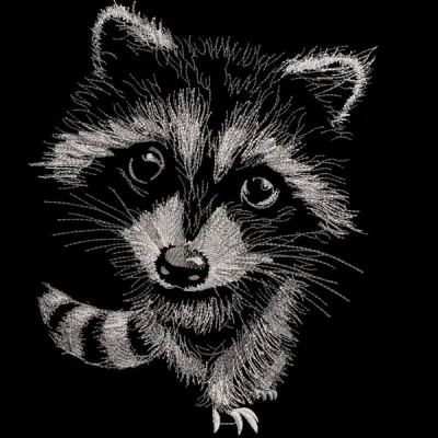 Detailed embroidery design of a raccoon at night, showcasing woodland elements and intricate stitching.