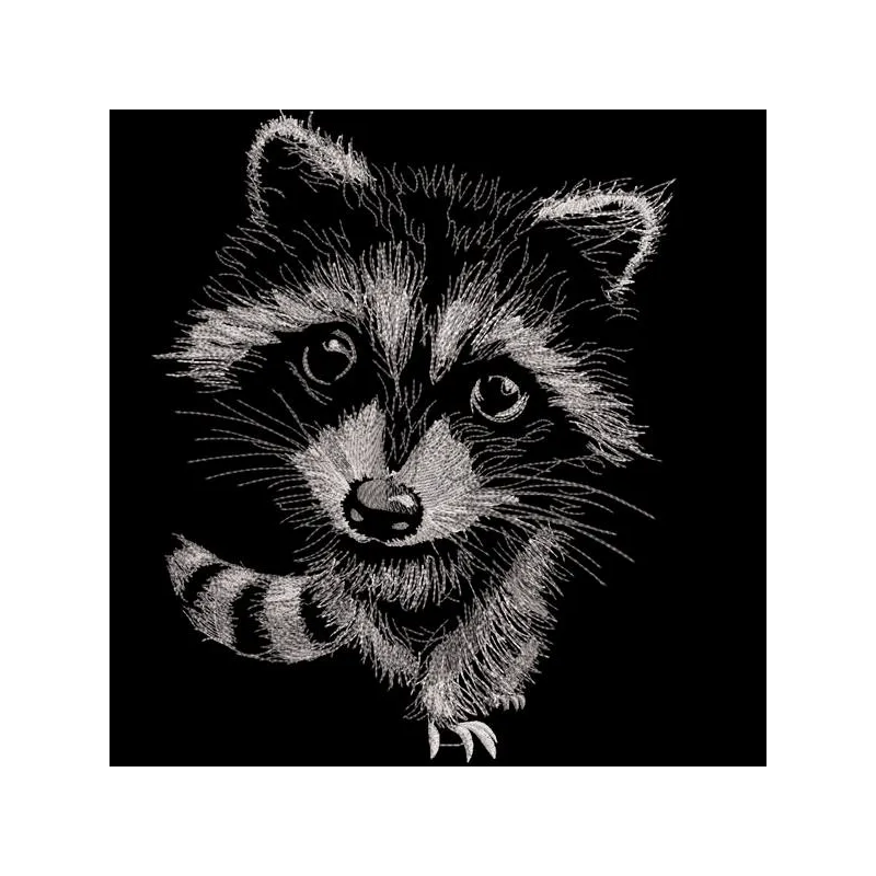 Detailed embroidery design of a raccoon at night, showcasing woodland elements and intricate stitching.