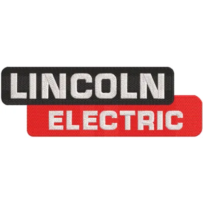 Lincoln Electric logo embroidery design featuring bold typography and iconic branding in vibrant colors.
