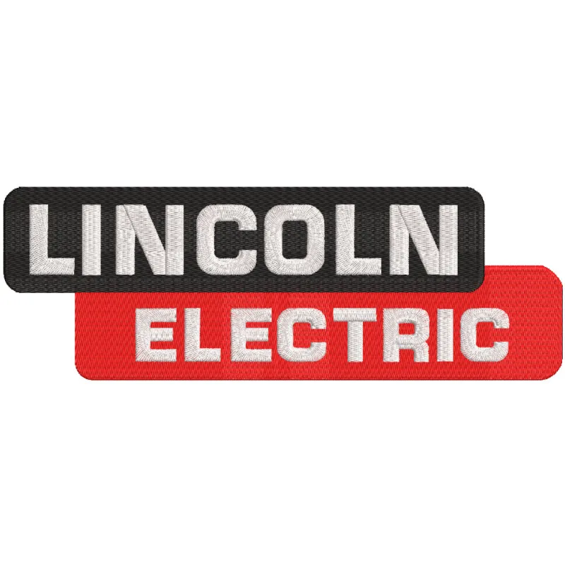 Lincoln Electric logo embroidery design featuring bold typography and iconic branding in vibrant colors.