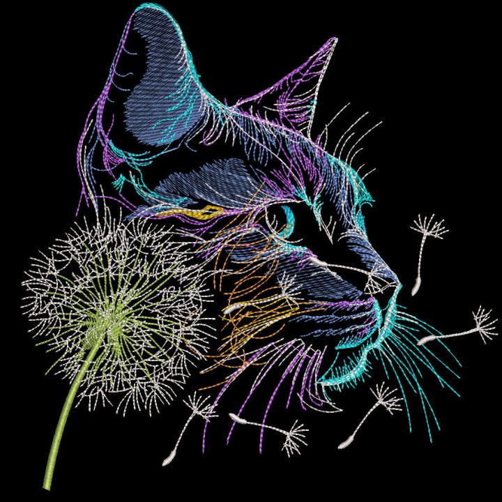 Cat and dandelion bright style embroidery design