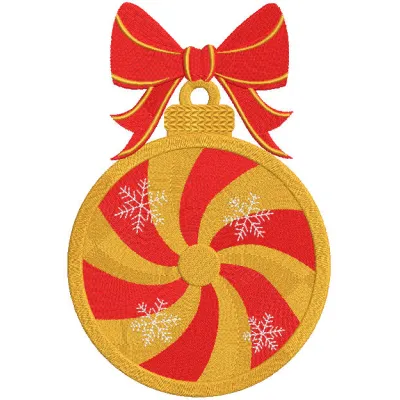 Gold swirl embroidery design on a Christmas ball, showcasing intricate patterns for festive decoration.