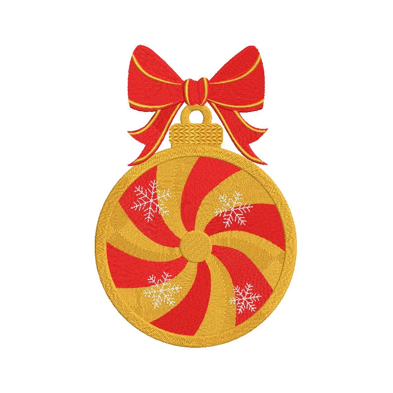 Gold swirl embroidery design on a Christmas ball, showcasing intricate patterns for festive decoration.