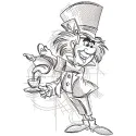 Art sketch embroidery design featuring the Mad Hatter with a whimsical tea pot, inspired by Alice in Wonderland.
