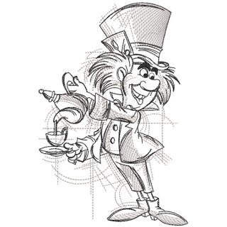 Mad Hatter with tea pot art sketch embroidery design - Embroidery Design
