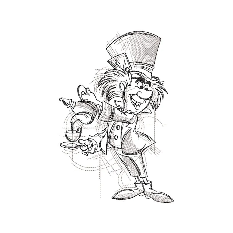 Art sketch embroidery design featuring the Mad Hatter with a whimsical tea pot, inspired by Alice in Wonderland.