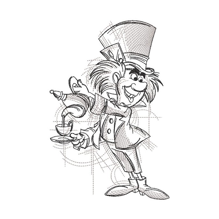 Mad Hatter with tea pot art sketch embroidery design - Embroidery Design