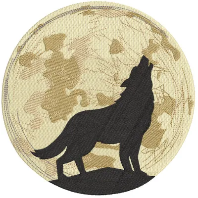 Embroidery design of a howling wolf against a full moon, showcasing intricate details and artistry.