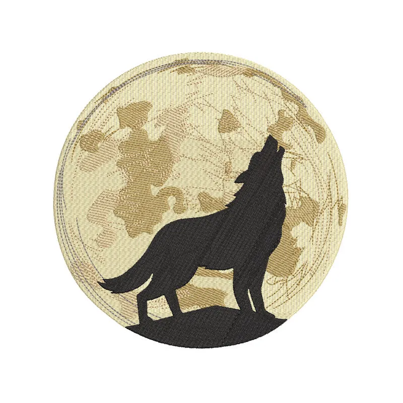 Embroidery design of a howling wolf against a full moon, showcasing intricate details and artistry.