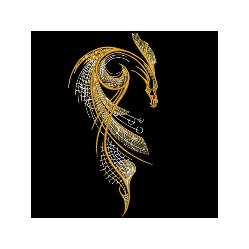 Intricate gold dragon embroidery design showcasing detailed scales and fierce expression on a textured fabric background.