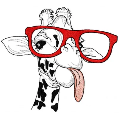 Embroidery design of a giraffe with glasses playfully showing its tongue, showcasing unique animal artistry.