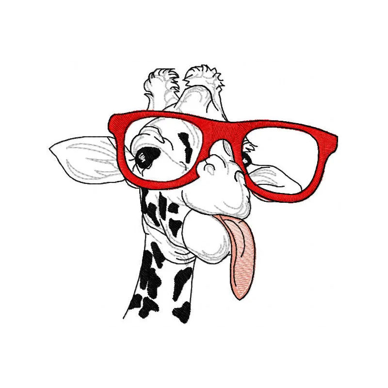 Embroidery design of a giraffe with glasses playfully showing its tongue, showcasing unique animal artistry.