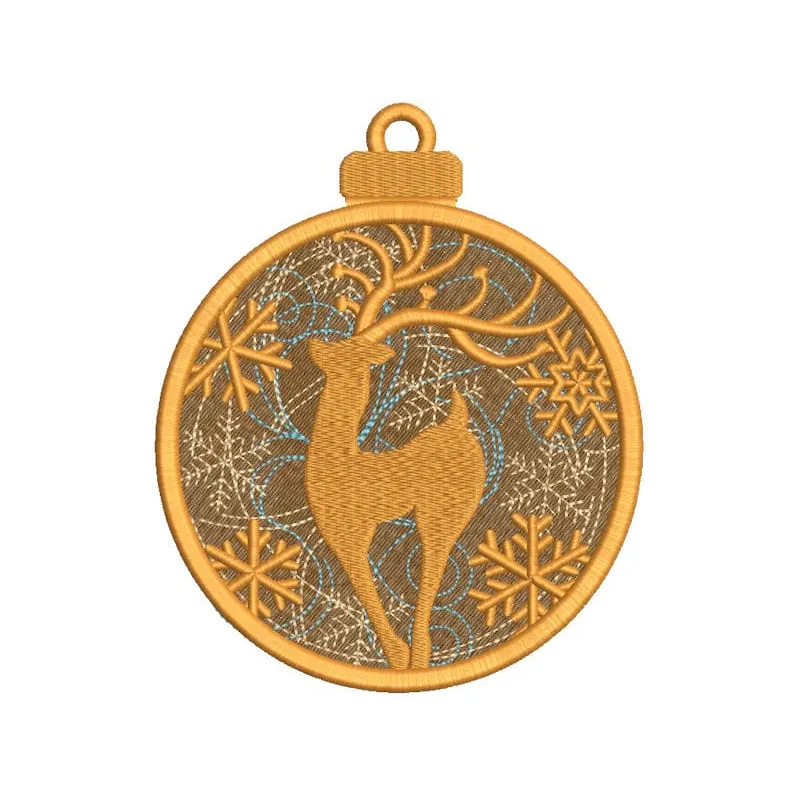 Gold deer and snowflakes embroidery design for Christmas decoration, showcasing intricate stitching and festive details.