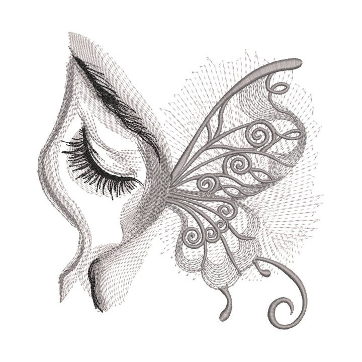 Lady Butterfly greyscale embroidery design - Embroidery Design