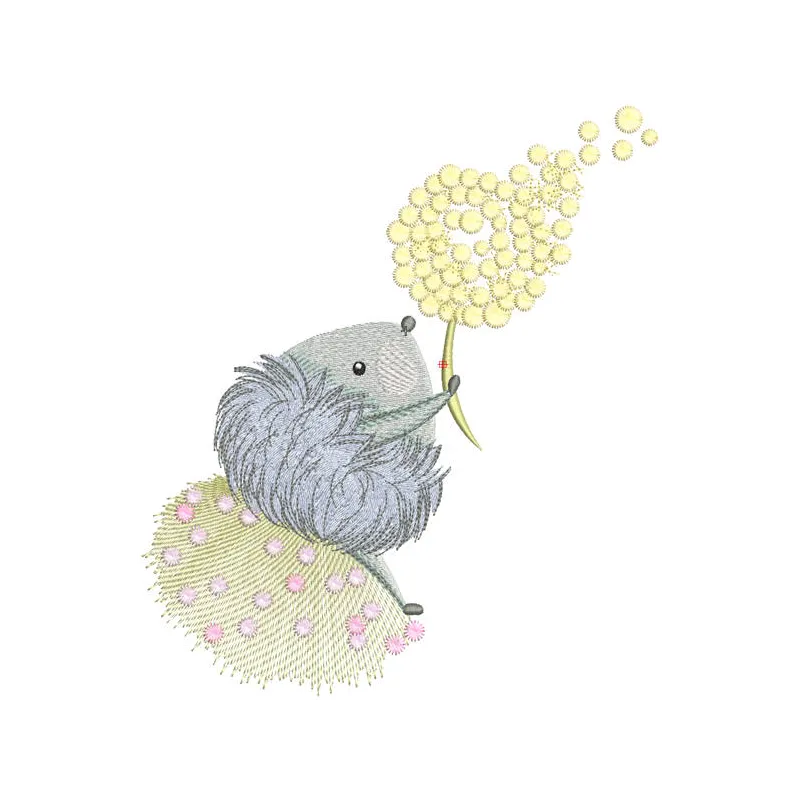 Hedgehog and air flowers embroidery design featuring a cute hedgehog surrounded by colorful floral elements.
