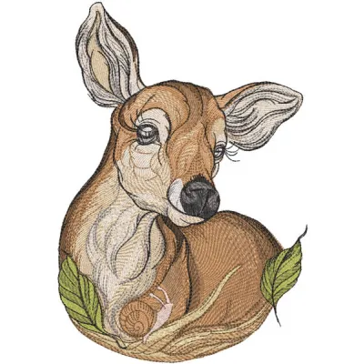 Fawn and snail embroidery design featuring delicate woodland animals on a textured fabric background.