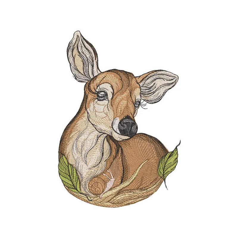 Fawn and snail embroidery design featuring delicate woodland animals on a textured fabric background.