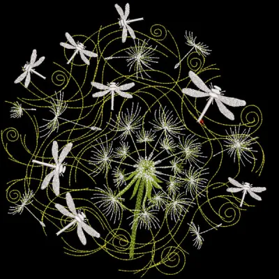 Night dragonflies and dandelion embroidery design showcasing intricate details and vibrant colors on fabric.