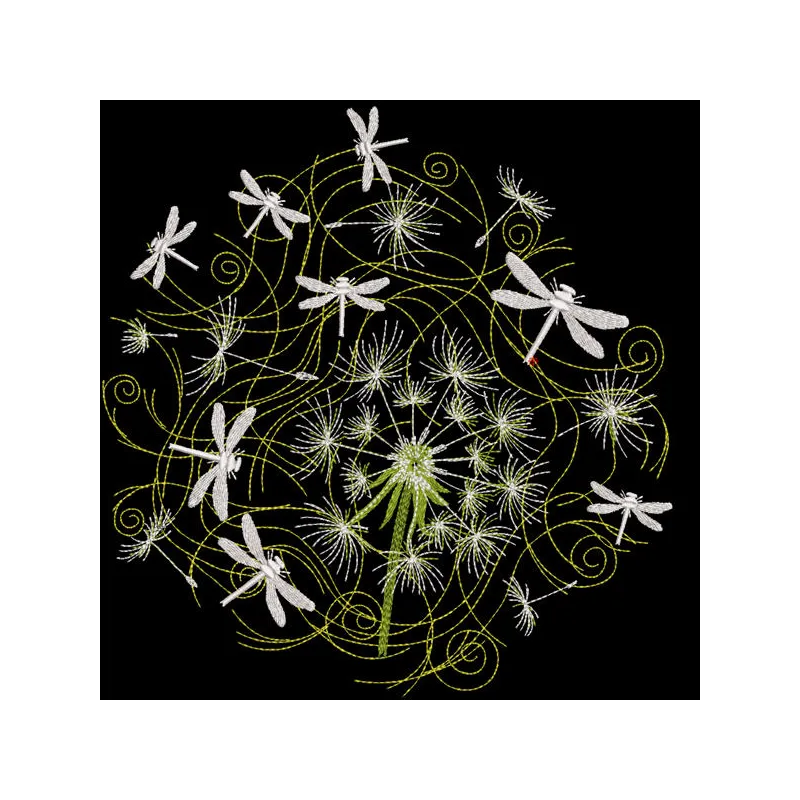 Night dragonflies and dandelion embroidery design showcasing intricate details and vibrant colors on fabric.