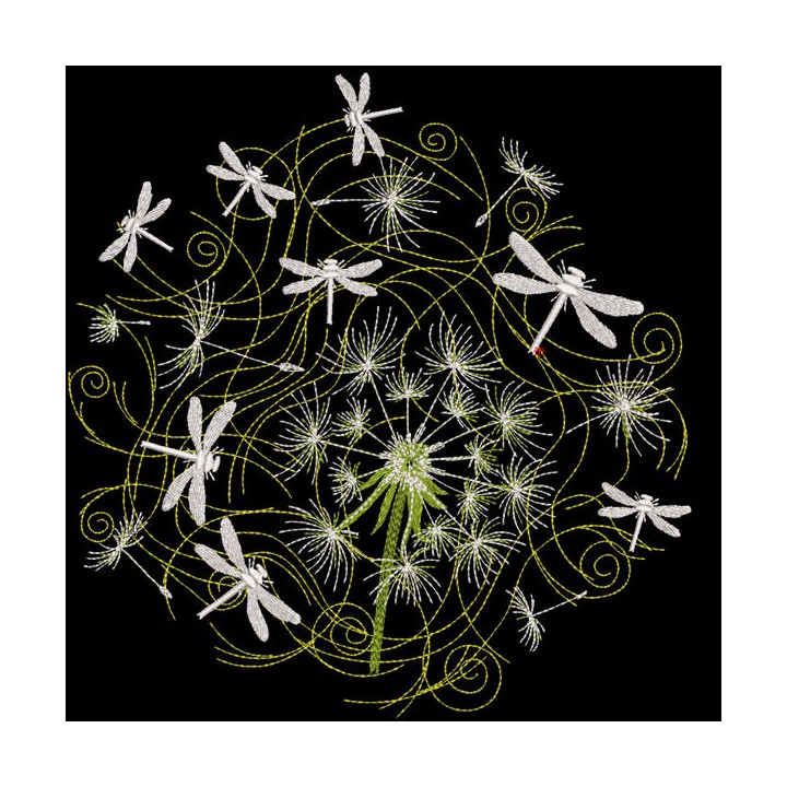 Night dragonflies and dandelion embroidery design - Embroidery Design
