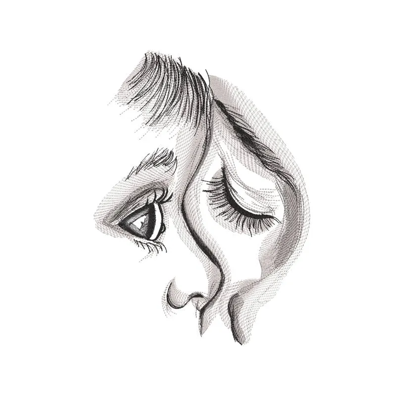 Greyscale embroidery design featuring a mother and baby, showcasing a tender moment in a minimalist style.