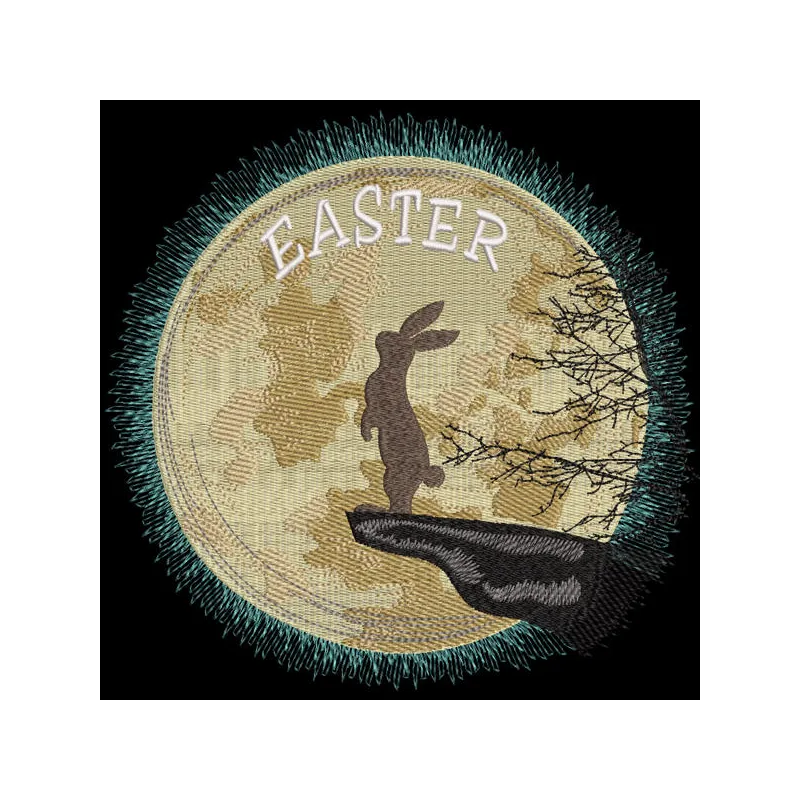Easter bunny backdrop featuring a big moon embroidery design, perfect for festive decorations or photo opportunities.