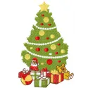Embroidery design featuring a decorated Christmas tree with colorful toys and ornaments.