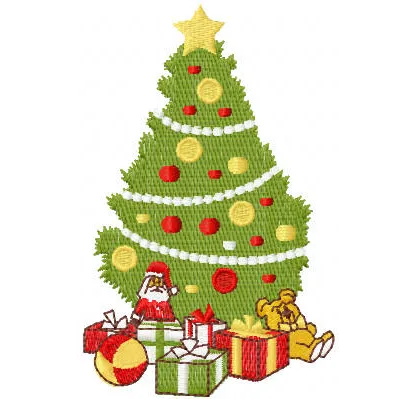 Embroidery design featuring a decorated Christmas tree with colorful toys and ornaments.