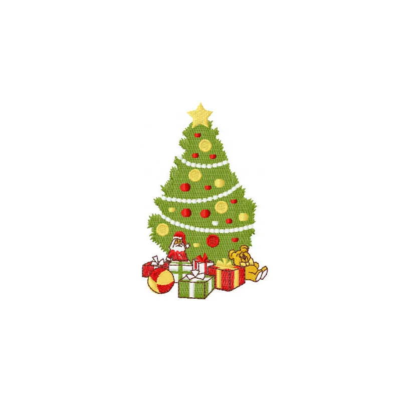 Embroidery design featuring a decorated Christmas tree with colorful toys and ornaments.
